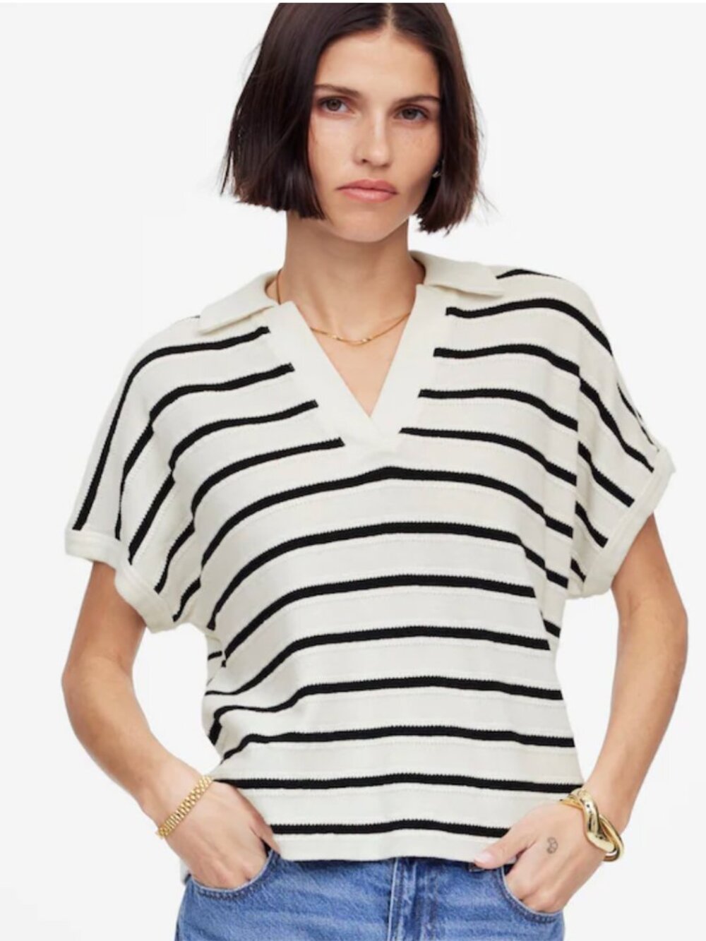 Madewell Relaxed V-Neck Polo Shirt in Black and White Stripe | Size Small